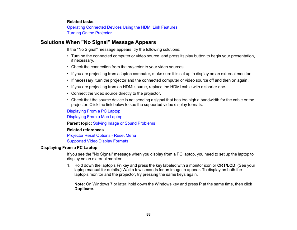 Solutions when "no signal" message appears, Displaying from a pc laptop | Epson EpiqVision Flex CO-FH02 3000-Lumen Full HD 3LCD Smart Home Theater Projector User Manual | Page 88 / 121