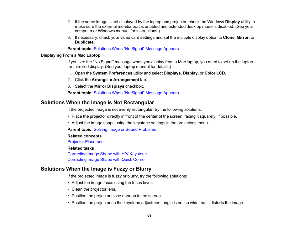 Displaying from a mac laptop, Solutions when the image is not rectangular, Solutions when the image is fuzzy or blurry | Epson EpiqVision Flex CO-FH02 3000-Lumen Full HD 3LCD Smart Home Theater Projector User Manual | Page 89 / 121