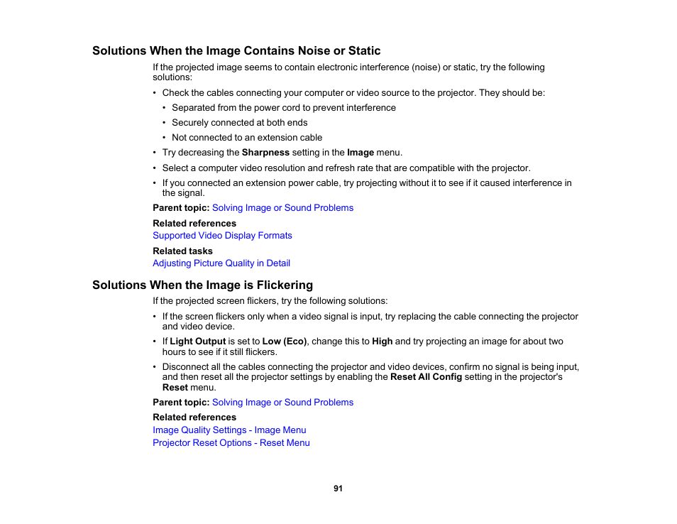 Solutions when the image contains noise or static, Solutions when the image is flickering | Epson EpiqVision Flex CO-FH02 3000-Lumen Full HD 3LCD Smart Home Theater Projector User Manual | Page 91 / 121