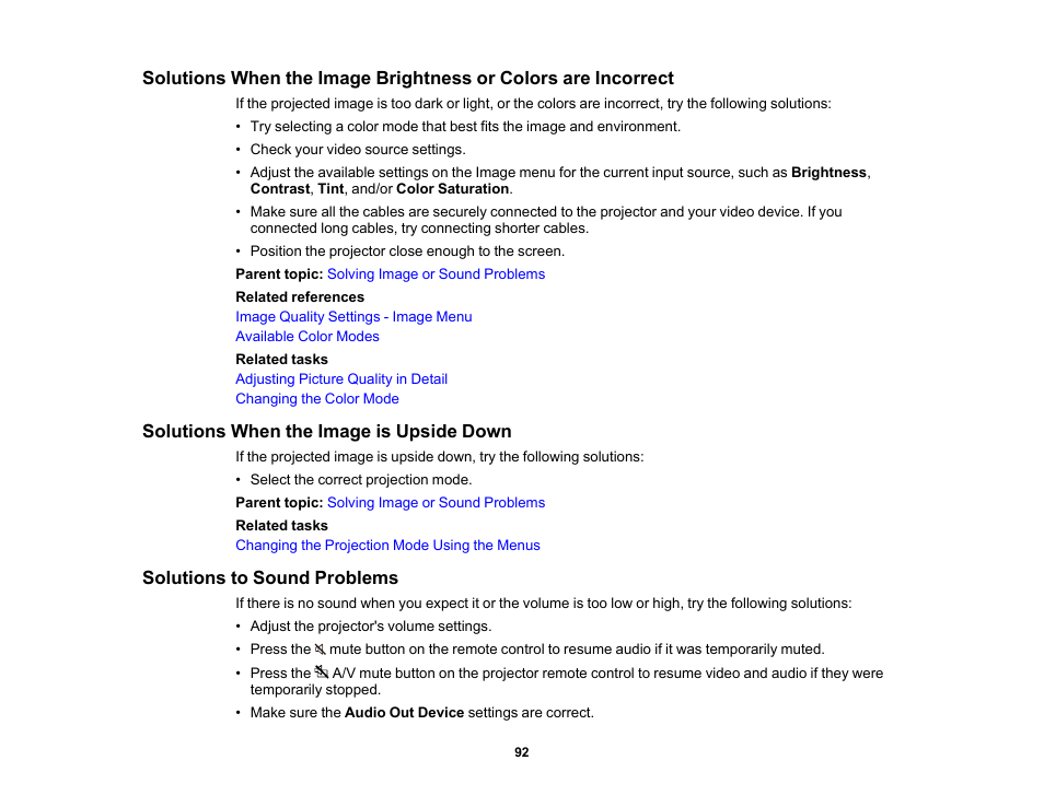 Solutions when the image is upside down, Solutions to sound problems | Epson EpiqVision Flex CO-FH02 3000-Lumen Full HD 3LCD Smart Home Theater Projector User Manual | Page 92 / 121