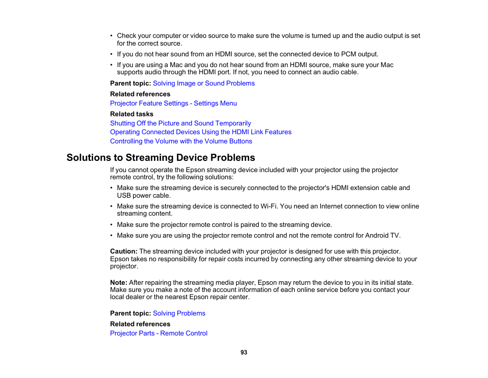 Solutions to streaming device problems | Epson EpiqVision Flex CO-FH02 3000-Lumen Full HD 3LCD Smart Home Theater Projector User Manual | Page 93 / 121