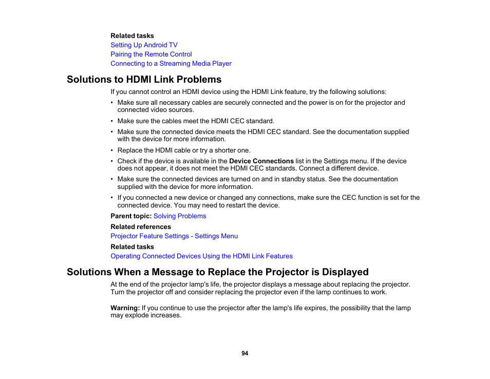 Solutions to hdmi link problems | Epson EpiqVision Flex CO-FH02 3000-Lumen Full HD 3LCD Smart Home Theater Projector User Manual | Page 94 / 121