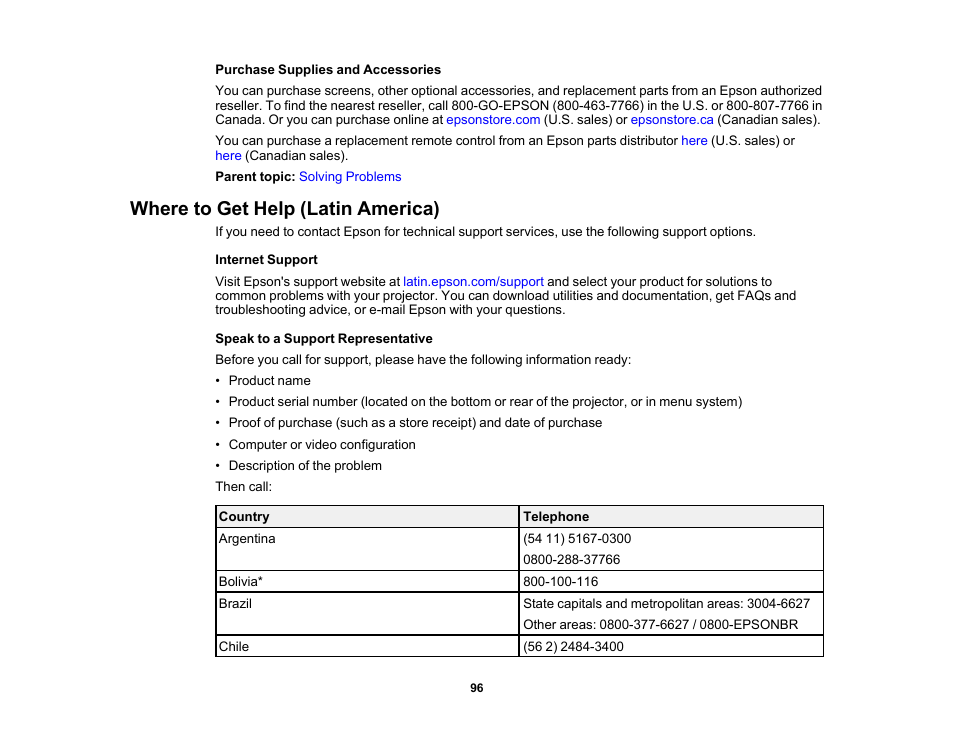 Where to get help (latin america) | Epson EpiqVision Flex CO-FH02 3000-Lumen Full HD 3LCD Smart Home Theater Projector User Manual | Page 96 / 121