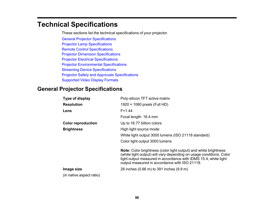 Technical specifications, General projector specifications | Epson EpiqVision Flex CO-FH02 3000-Lumen Full HD 3LCD Smart Home Theater Projector User Manual | Page 98 / 121