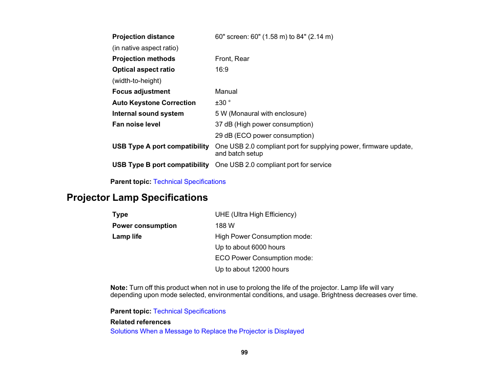 Projector lamp specifications | Epson EpiqVision Flex CO-FH02 3000-Lumen Full HD 3LCD Smart Home Theater Projector User Manual | Page 99 / 121