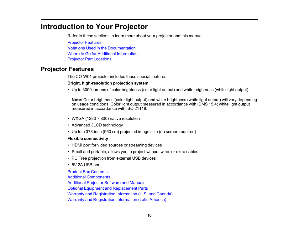 Introduction to your projector, Projector features | Epson EpiqVision Flex CO-W01 3000-Lumen WXGA 3LCD Projector User Manual | Page 10 / 144