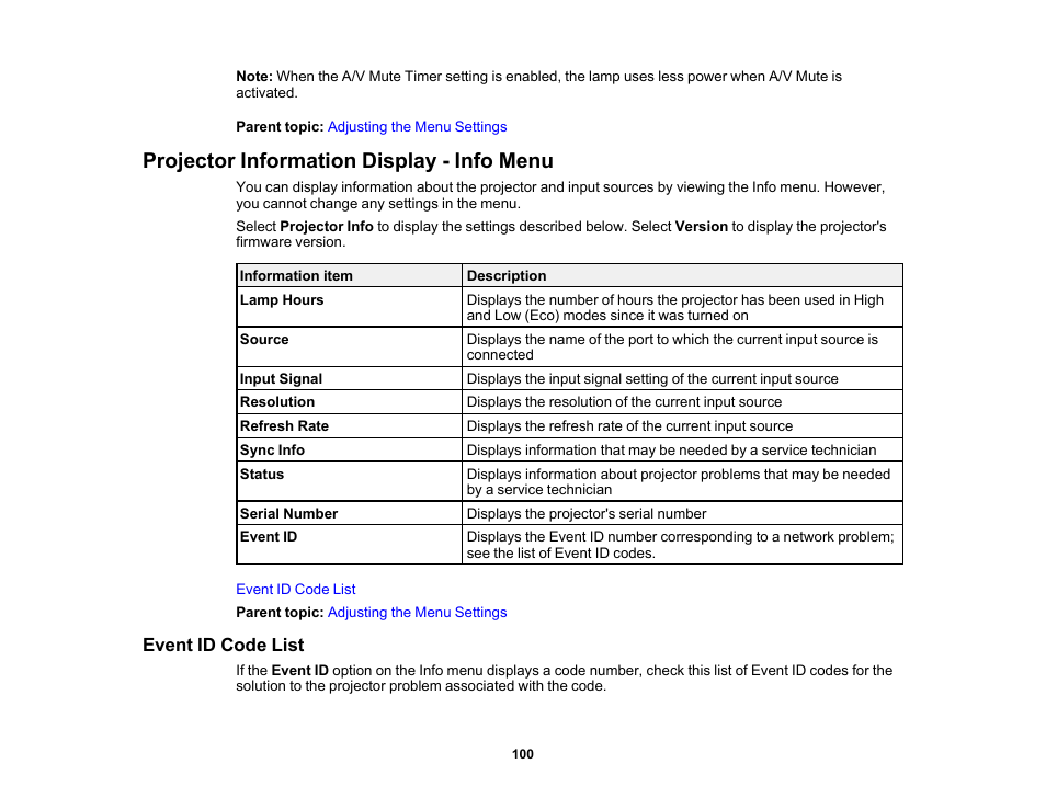 Projector information display - info menu, Event id code list | Epson EpiqVision Flex CO-W01 3000-Lumen WXGA 3LCD Projector User Manual | Page 100 / 144