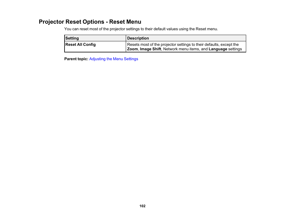 Projector reset options - reset menu | Epson EpiqVision Flex CO-W01 3000-Lumen WXGA 3LCD Projector User Manual | Page 102 / 144