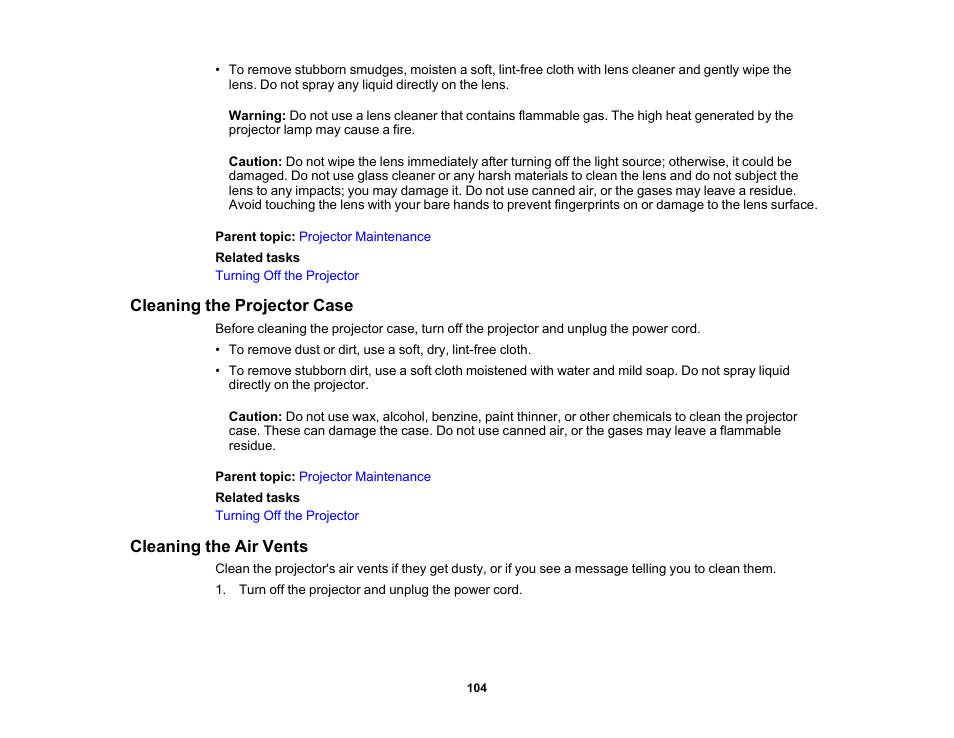 Cleaning the projector case, Cleaning the air vents, Cleaning the projector case cleaning the air vents | Epson EpiqVision Flex CO-W01 3000-Lumen WXGA 3LCD Projector User Manual | Page 104 / 144