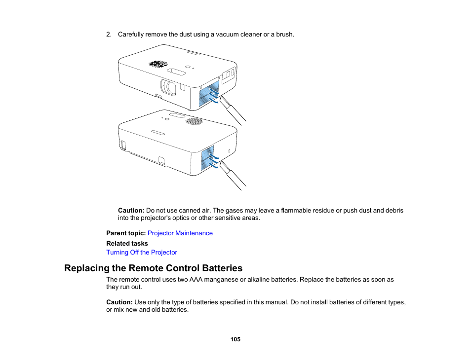 Replacing the remote control batteries | Epson EpiqVision Flex CO-W01 3000-Lumen WXGA 3LCD Projector User Manual | Page 105 / 144