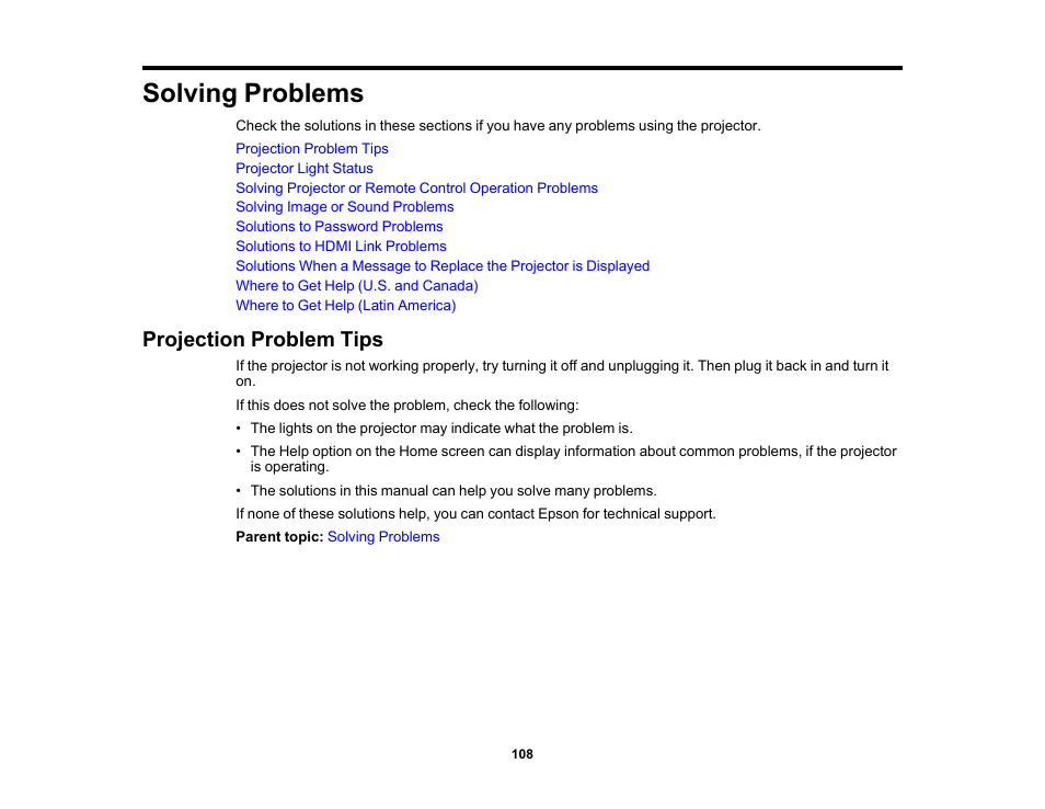 Solving problems, Projection problem tips | Epson EpiqVision Flex CO-W01 3000-Lumen WXGA 3LCD Projector User Manual | Page 108 / 144