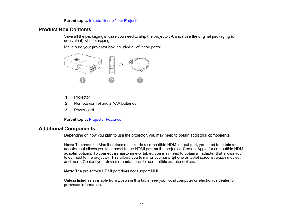 Product box contents, Additional components, Product box contents additional components | Epson EpiqVision Flex CO-W01 3000-Lumen WXGA 3LCD Projector User Manual | Page 11 / 144