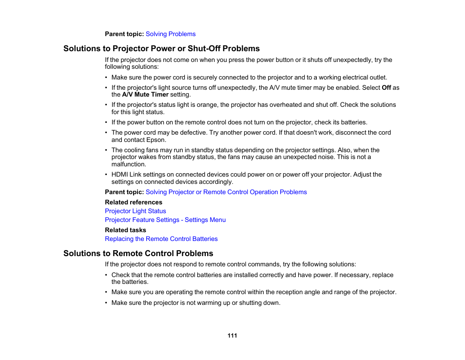 Solutions to projector power or shut-off problems, Solutions to remote control problems | Epson EpiqVision Flex CO-W01 3000-Lumen WXGA 3LCD Projector User Manual | Page 111 / 144