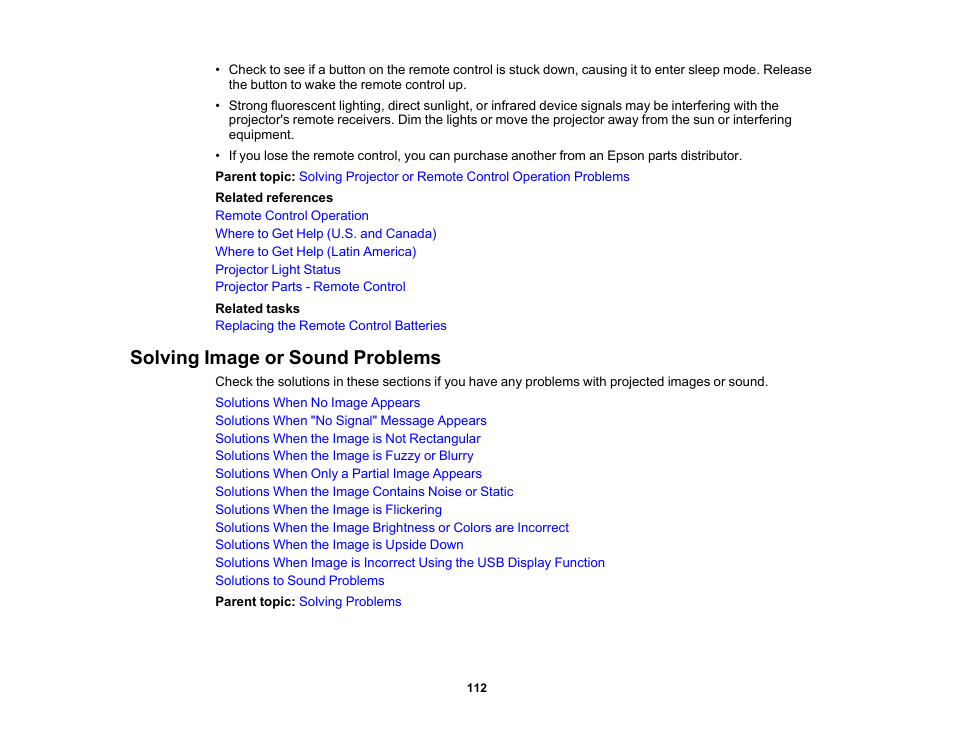 Solving image or sound problems | Epson EpiqVision Flex CO-W01 3000-Lumen WXGA 3LCD Projector User Manual | Page 112 / 144