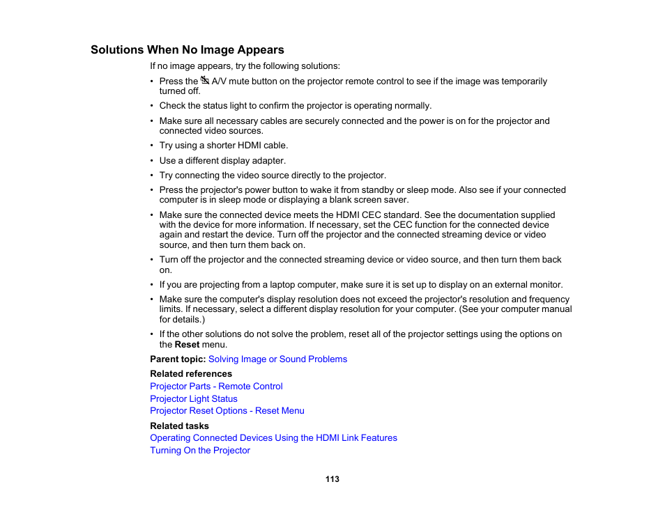 Solutions when no image appears | Epson EpiqVision Flex CO-W01 3000-Lumen WXGA 3LCD Projector User Manual | Page 113 / 144