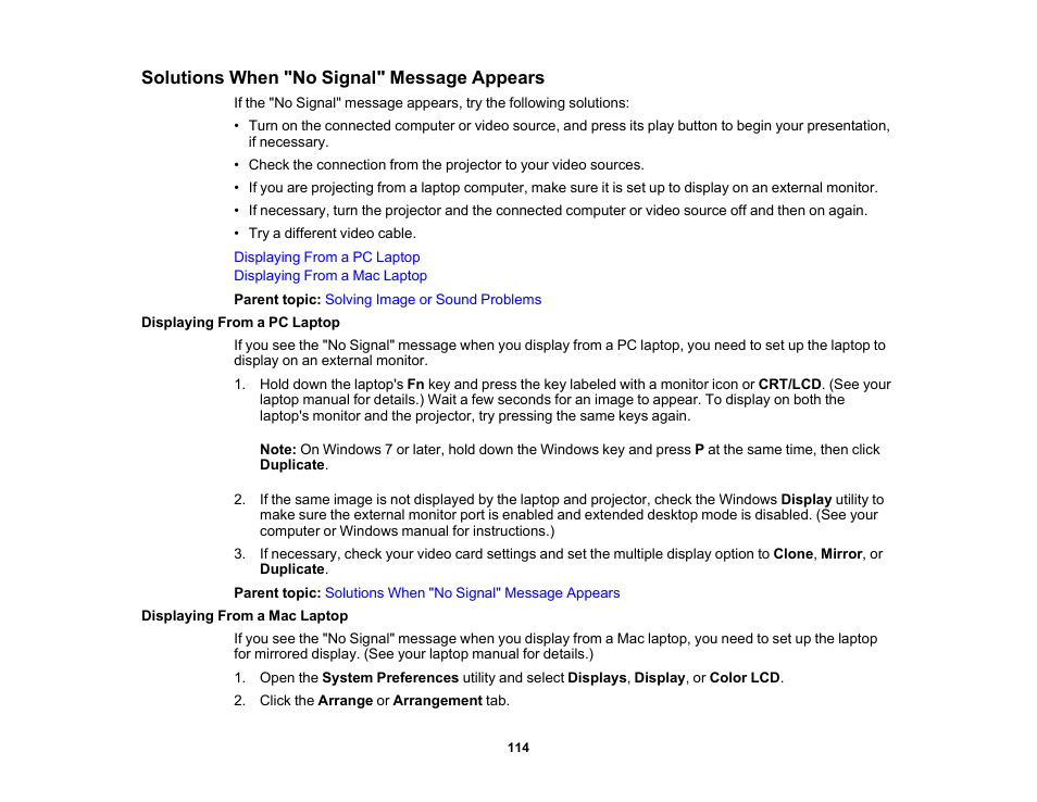 Solutions when "no signal" message appears, Displaying from a pc laptop, Displaying from a mac laptop | Epson EpiqVision Flex CO-W01 3000-Lumen WXGA 3LCD Projector User Manual | Page 114 / 144