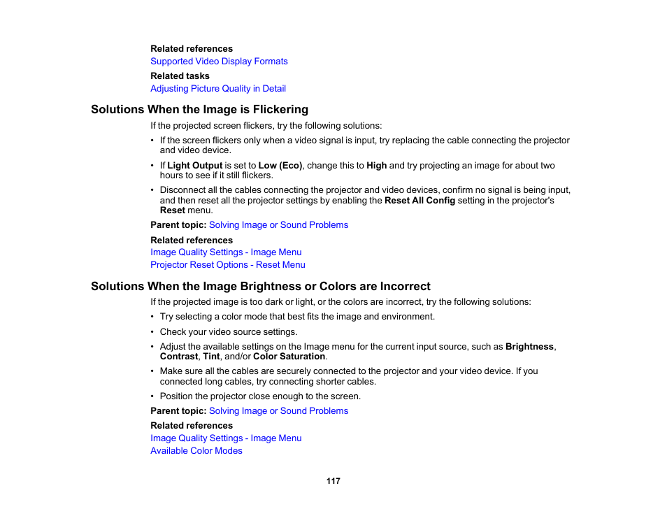 Solutions when the image is flickering | Epson EpiqVision Flex CO-W01 3000-Lumen WXGA 3LCD Projector User Manual | Page 117 / 144