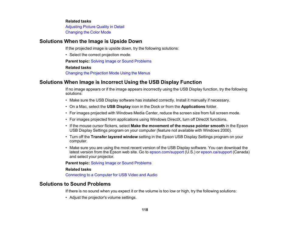 Solutions when the image is upside down, Solutions to sound problems | Epson EpiqVision Flex CO-W01 3000-Lumen WXGA 3LCD Projector User Manual | Page 118 / 144