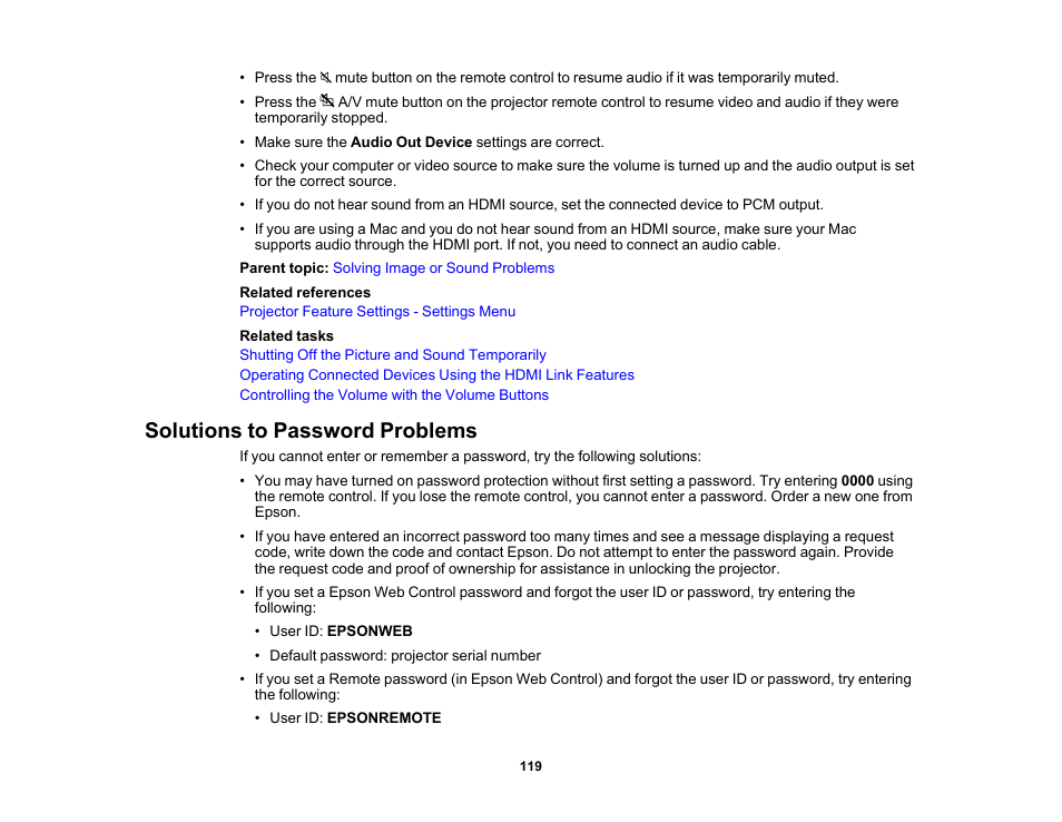 Solutions to password problems | Epson EpiqVision Flex CO-W01 3000-Lumen WXGA 3LCD Projector User Manual | Page 119 / 144