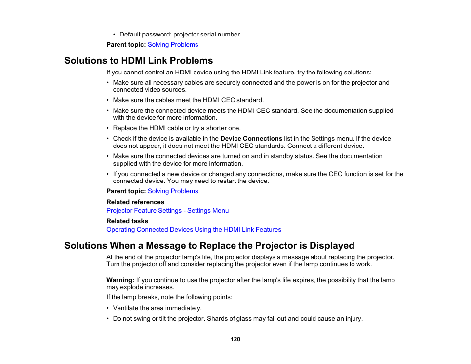 Solutions to hdmi link problems | Epson EpiqVision Flex CO-W01 3000-Lumen WXGA 3LCD Projector User Manual | Page 120 / 144