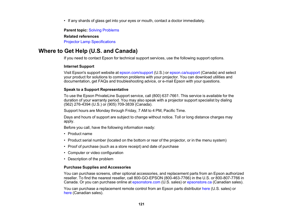 Where to get help (u.s. and canada) | Epson EpiqVision Flex CO-W01 3000-Lumen WXGA 3LCD Projector User Manual | Page 121 / 144
