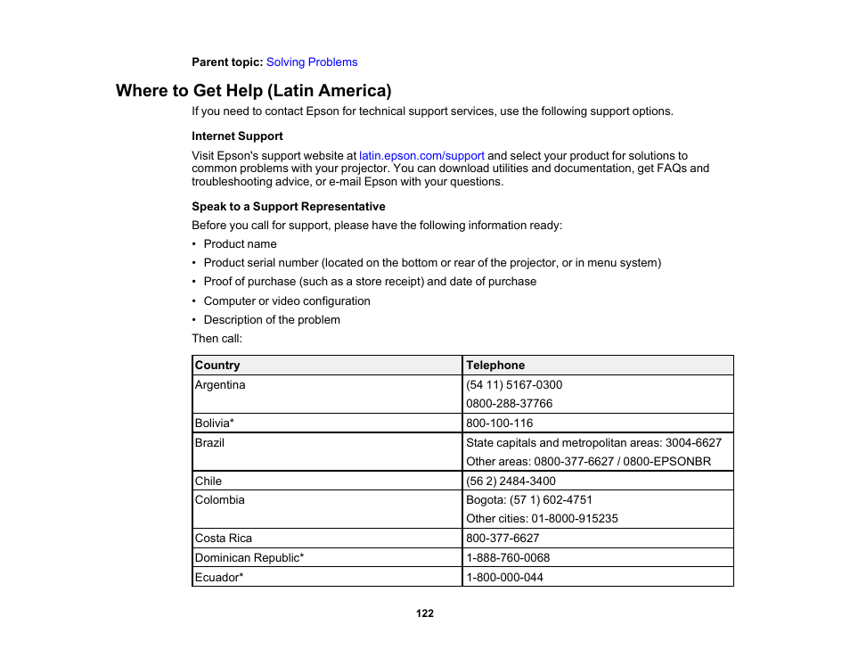 Where to get help (latin america) | Epson EpiqVision Flex CO-W01 3000-Lumen WXGA 3LCD Projector User Manual | Page 122 / 144