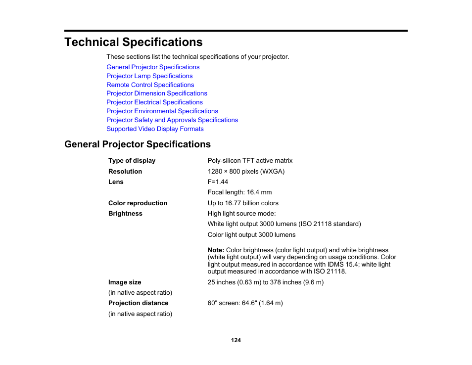 Technical specifications, General projector specifications | Epson EpiqVision Flex CO-W01 3000-Lumen WXGA 3LCD Projector User Manual | Page 124 / 144