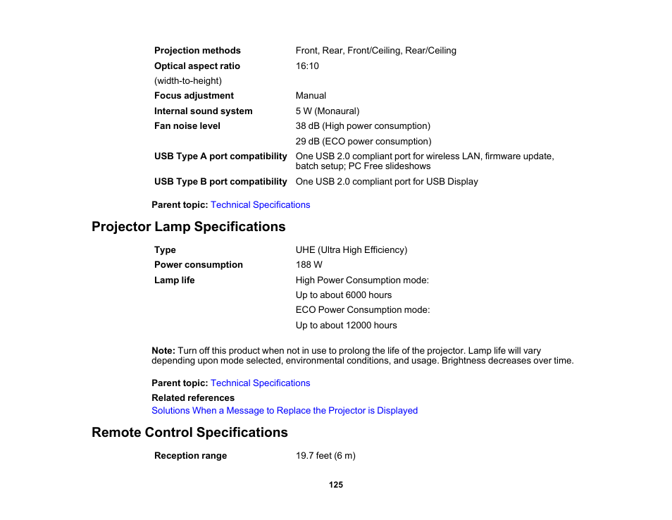 Projector lamp specifications, Remote control specifications | Epson EpiqVision Flex CO-W01 3000-Lumen WXGA 3LCD Projector User Manual | Page 125 / 144