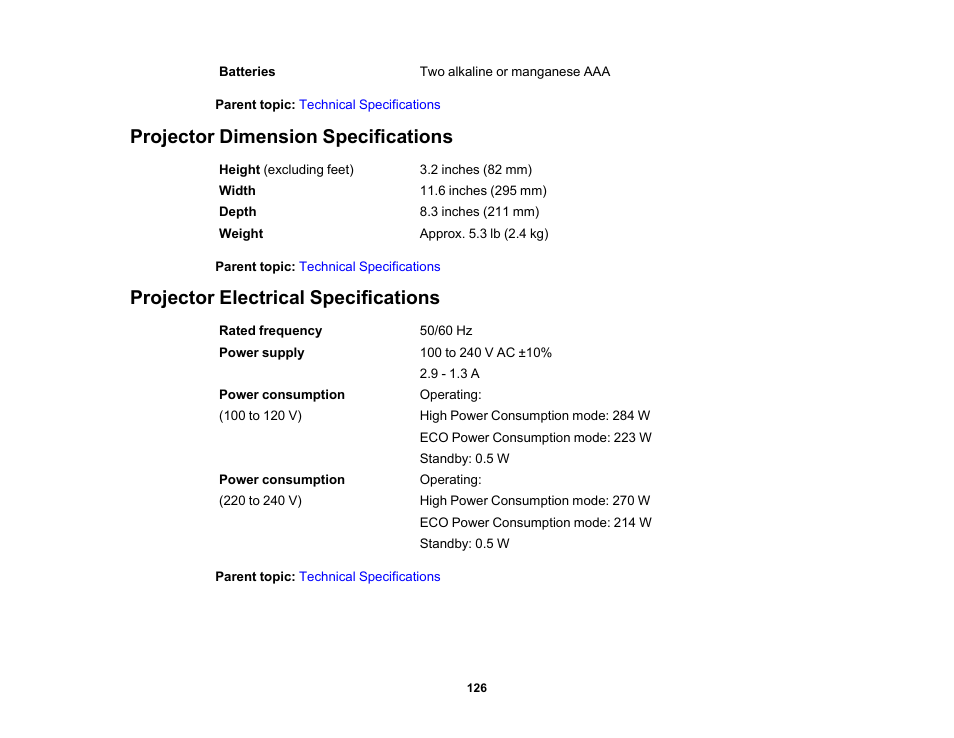 Projector dimension specifications, Projector electrical specifications | Epson EpiqVision Flex CO-W01 3000-Lumen WXGA 3LCD Projector User Manual | Page 126 / 144