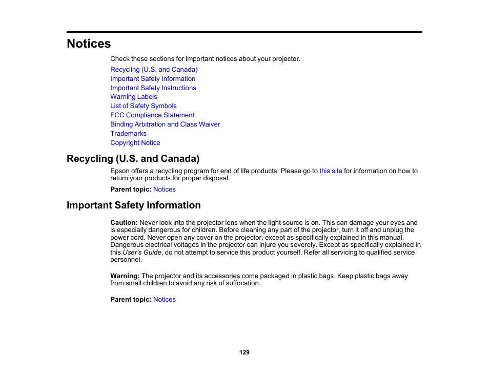 Notices, Recycling (u.s. and canada), Important safety information | Epson EpiqVision Flex CO-W01 3000-Lumen WXGA 3LCD Projector User Manual | Page 129 / 144