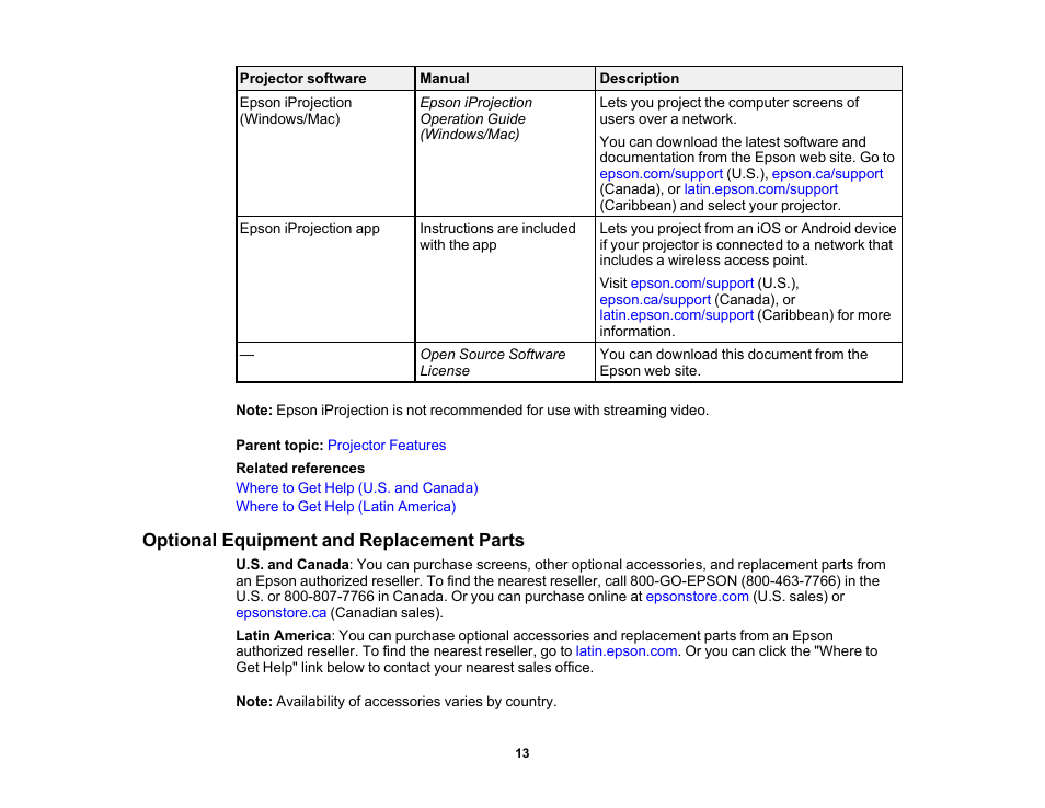 Optional equipment and replacement parts | Epson EpiqVision Flex CO-W01 3000-Lumen WXGA 3LCD Projector User Manual | Page 13 / 144