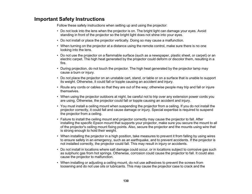 Important safety instructions | Epson EpiqVision Flex CO-W01 3000-Lumen WXGA 3LCD Projector User Manual | Page 130 / 144