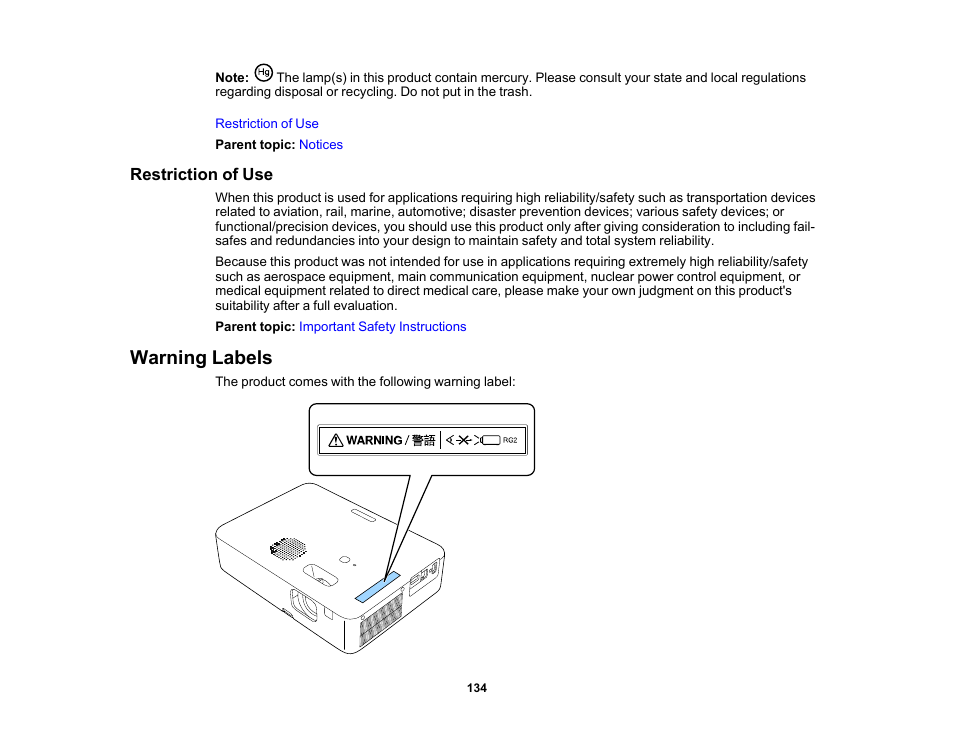 Restriction of use, Warning labels | Epson EpiqVision Flex CO-W01 3000-Lumen WXGA 3LCD Projector User Manual | Page 134 / 144