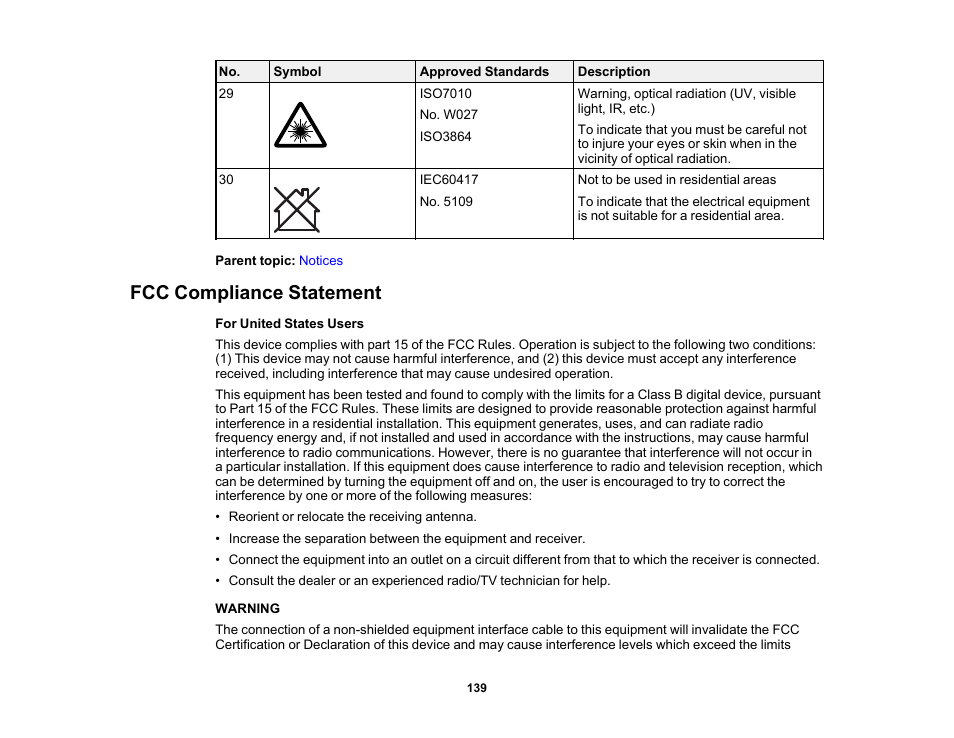 Fcc compliance statement | Epson EpiqVision Flex CO-W01 3000-Lumen WXGA 3LCD Projector User Manual | Page 139 / 144