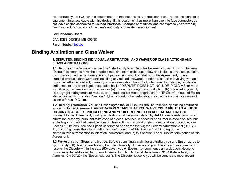 Binding arbitration and class waiver | Epson EpiqVision Flex CO-W01 3000-Lumen WXGA 3LCD Projector User Manual | Page 140 / 144