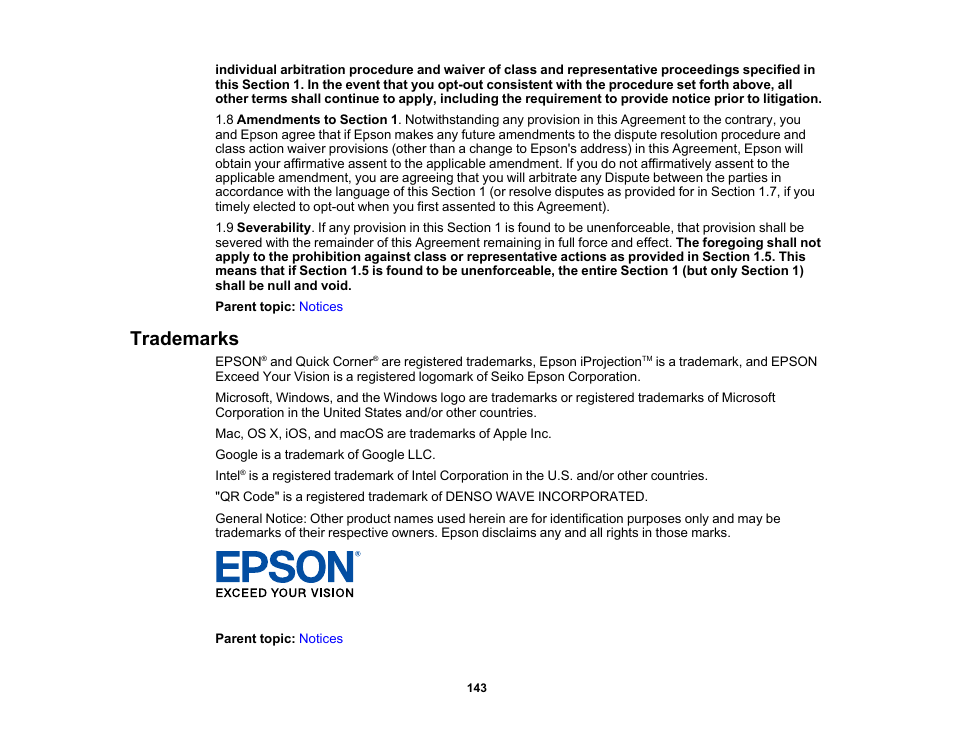 Trademarks | Epson EpiqVision Flex CO-W01 3000-Lumen WXGA 3LCD Projector User Manual | Page 143 / 144