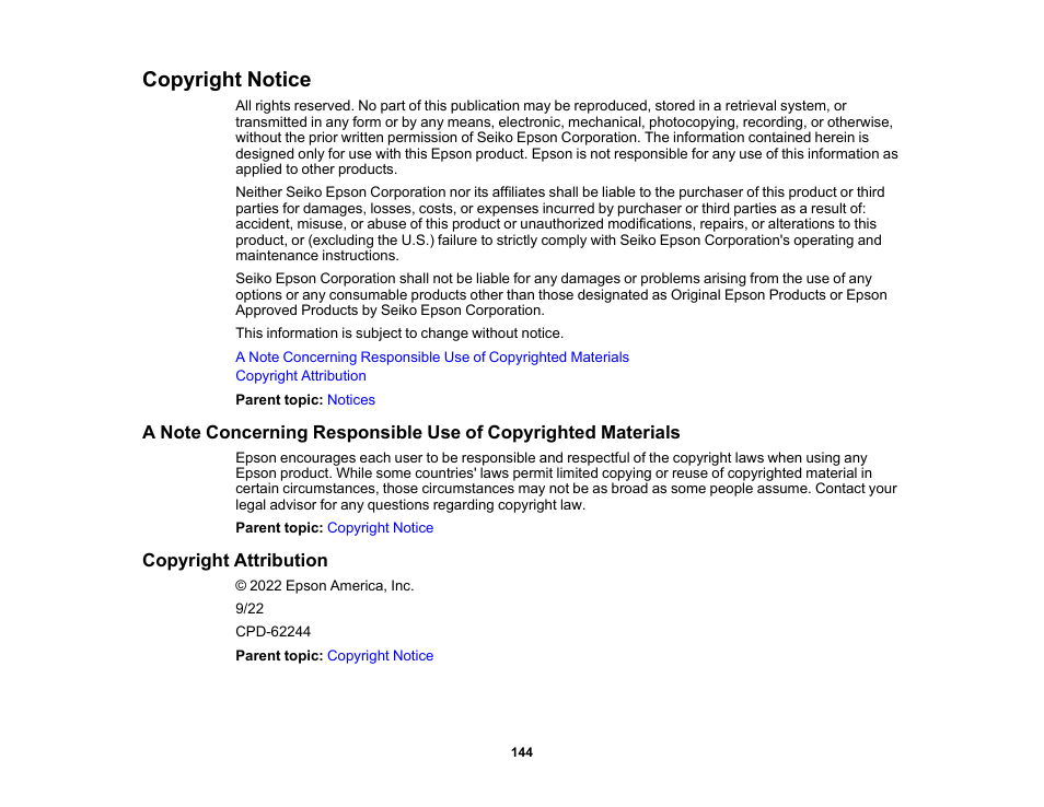 Copyright notice, Copyright attribution | Epson EpiqVision Flex CO-W01 3000-Lumen WXGA 3LCD Projector User Manual | Page 144 / 144