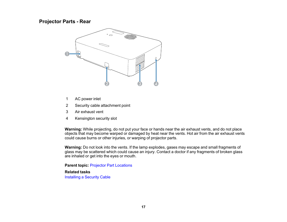 Projector parts - rear | Epson EpiqVision Flex CO-W01 3000-Lumen WXGA 3LCD Projector User Manual | Page 17 / 144