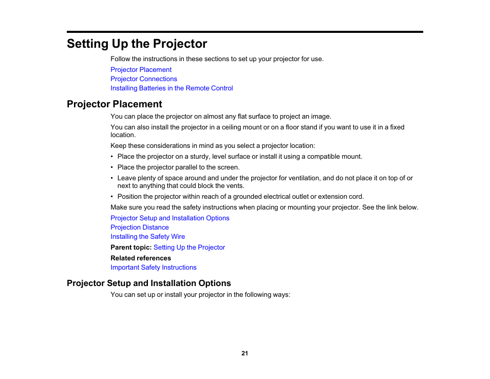 Setting up the projector, Projector placement, Projector setup and installation options | Epson EpiqVision Flex CO-W01 3000-Lumen WXGA 3LCD Projector User Manual | Page 21 / 144