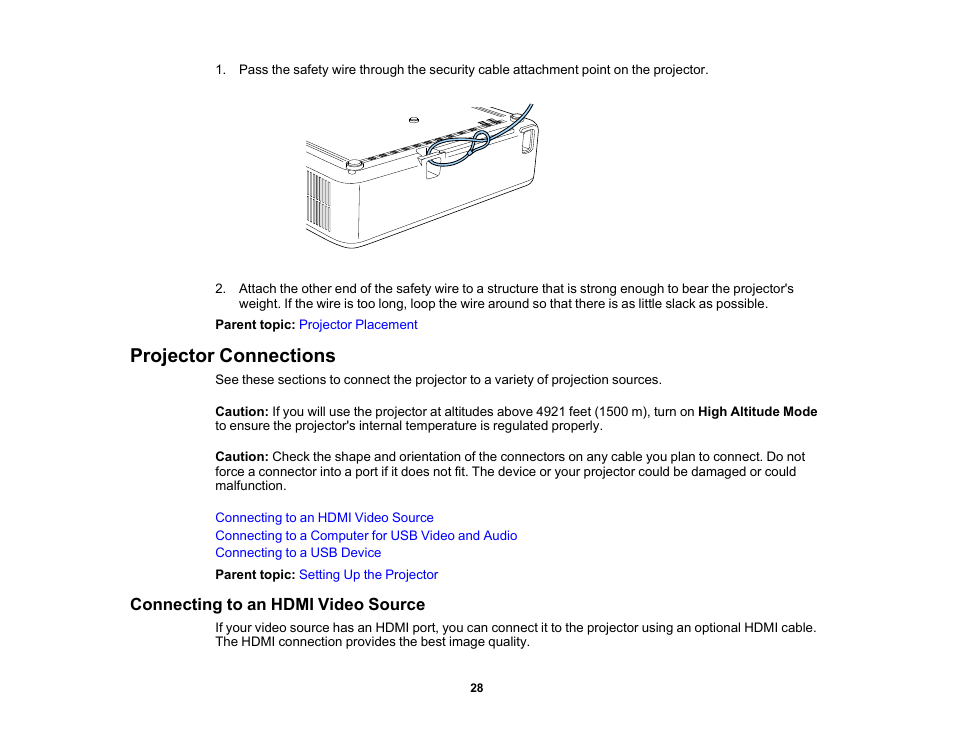 Projector connections, Connecting to an hdmi video source | Epson EpiqVision Flex CO-W01 3000-Lumen WXGA 3LCD Projector User Manual | Page 28 / 144