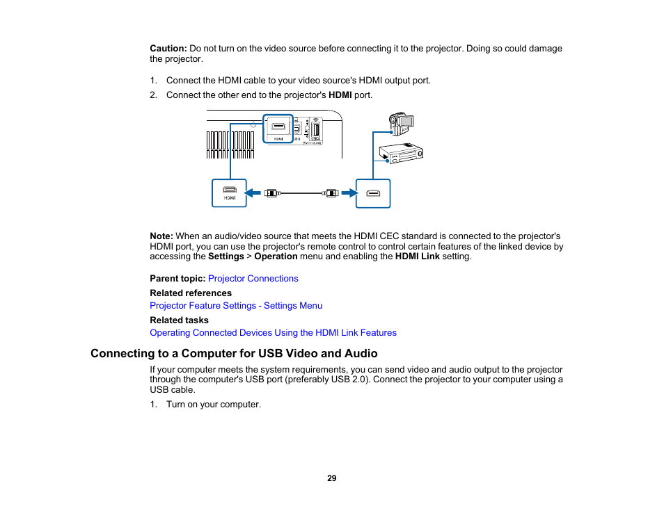 Connecting to a computer for usb video and audio | Epson EpiqVision Flex CO-W01 3000-Lumen WXGA 3LCD Projector User Manual | Page 29 / 144