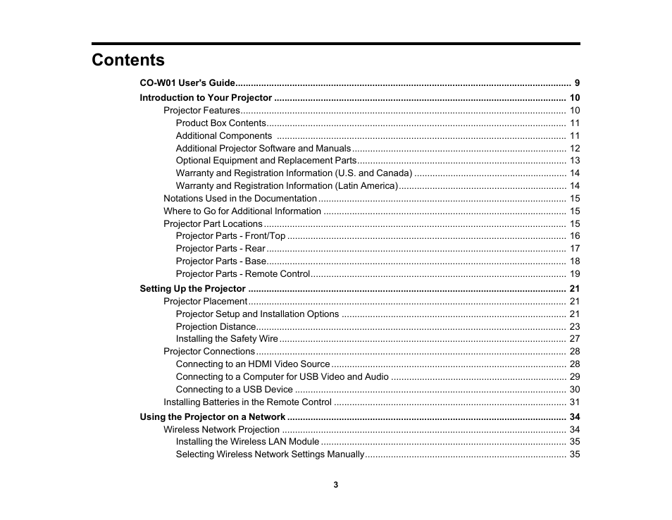 Epson EpiqVision Flex CO-W01 3000-Lumen WXGA 3LCD Projector User Manual | Page 3 / 144