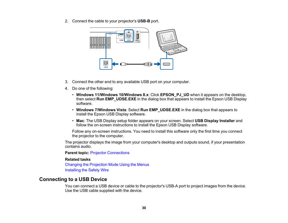 Connecting to a usb device | Epson EpiqVision Flex CO-W01 3000-Lumen WXGA 3LCD Projector User Manual | Page 30 / 144