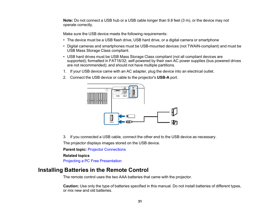 Installing batteries in the remote control | Epson EpiqVision Flex CO-W01 3000-Lumen WXGA 3LCD Projector User Manual | Page 31 / 144