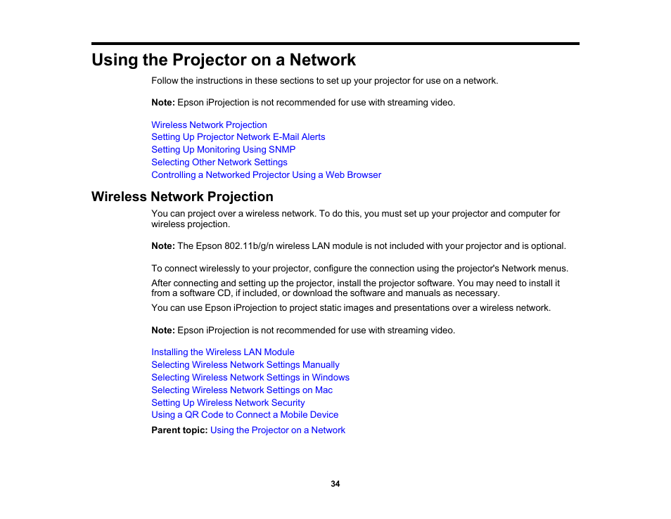 Using the projector on a network, Wireless network projection | Epson EpiqVision Flex CO-W01 3000-Lumen WXGA 3LCD Projector User Manual | Page 34 / 144