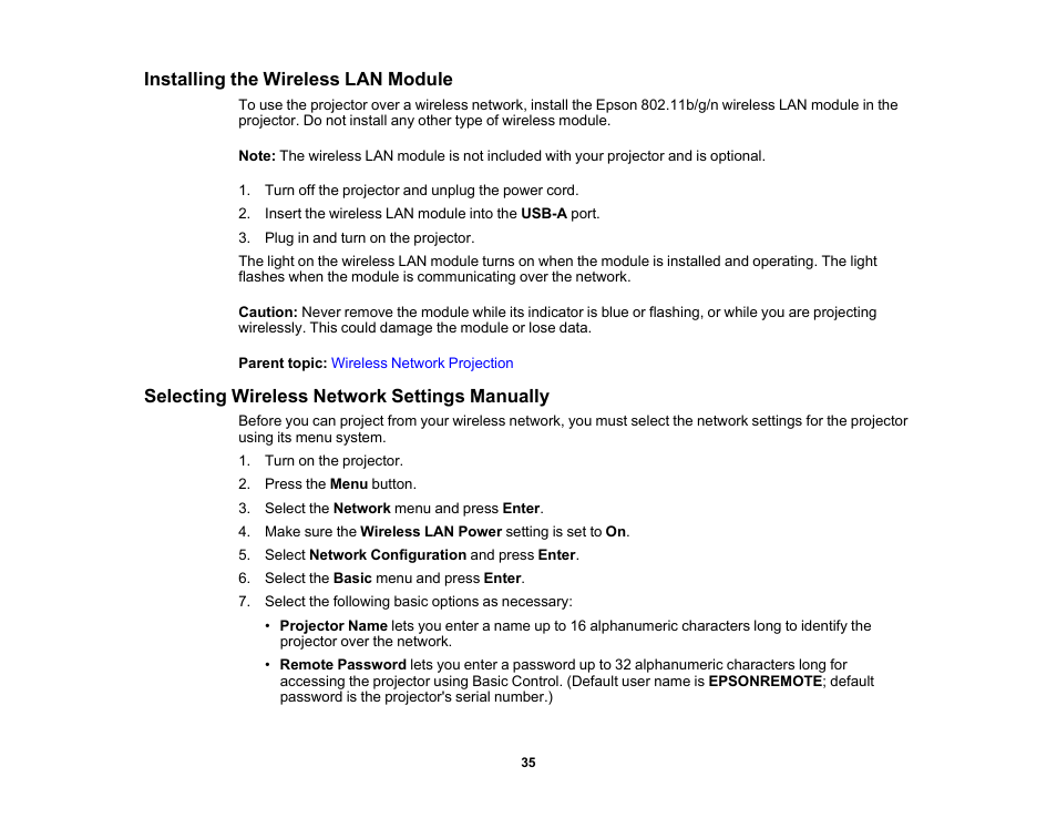 Installing the wireless lan module, Selecting wireless network settings manually | Epson EpiqVision Flex CO-W01 3000-Lumen WXGA 3LCD Projector User Manual | Page 35 / 144