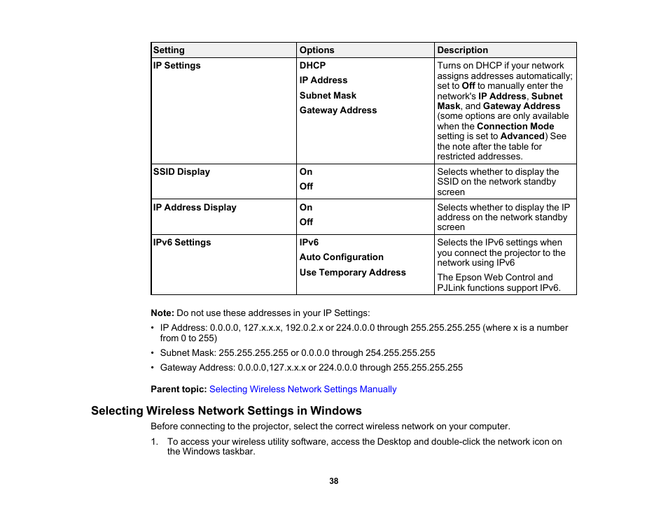 Selecting wireless network settings in windows | Epson EpiqVision Flex CO-W01 3000-Lumen WXGA 3LCD Projector User Manual | Page 38 / 144
