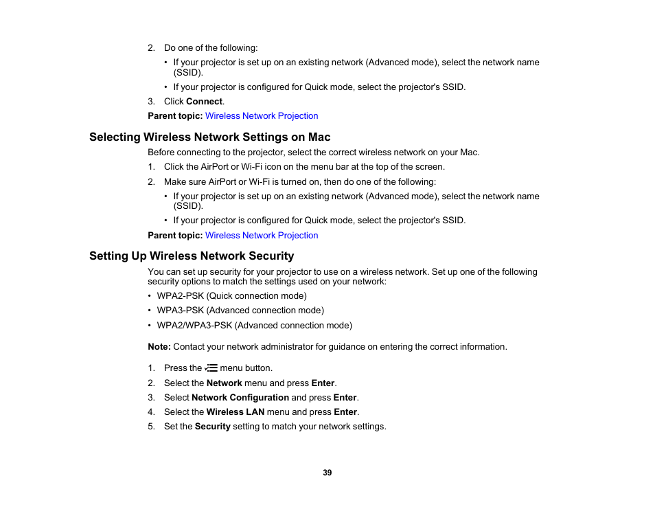 Selecting wireless network settings on mac, Setting up wireless network security | Epson EpiqVision Flex CO-W01 3000-Lumen WXGA 3LCD Projector User Manual | Page 39 / 144