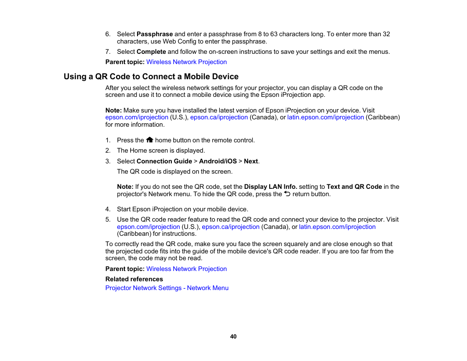 Using a qr code to connect a mobile device | Epson EpiqVision Flex CO-W01 3000-Lumen WXGA 3LCD Projector User Manual | Page 40 / 144