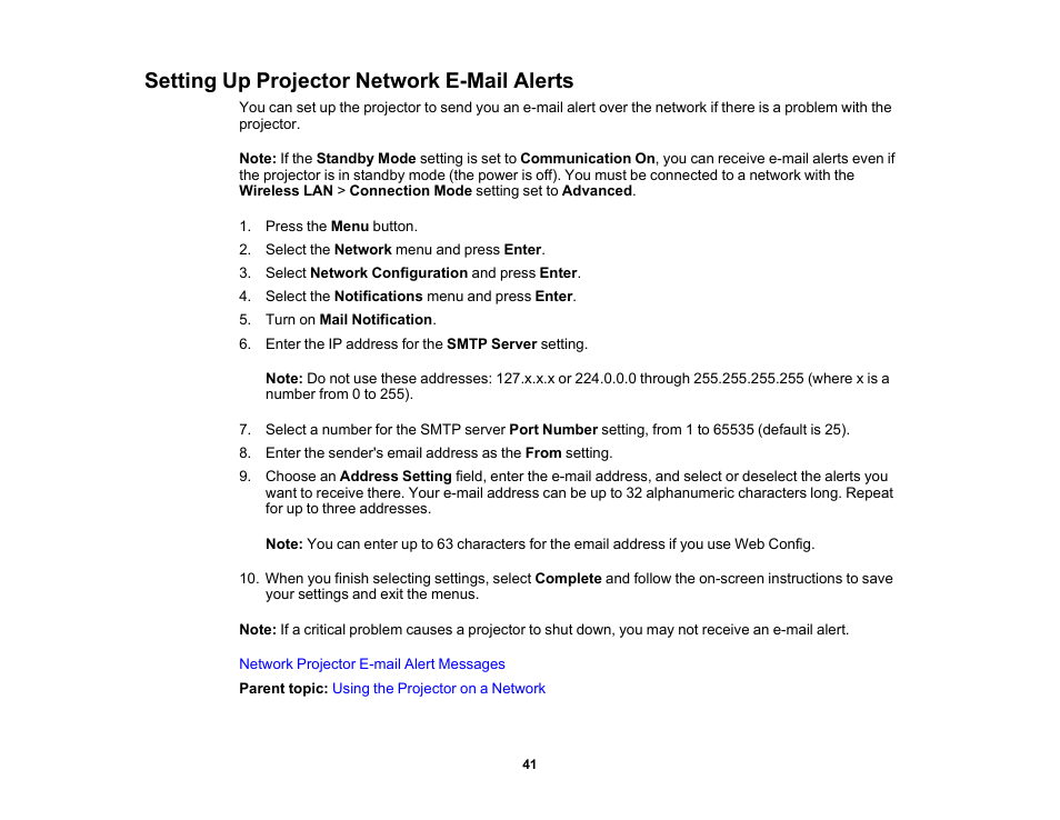 Setting up projector network e-mail alerts | Epson EpiqVision Flex CO-W01 3000-Lumen WXGA 3LCD Projector User Manual | Page 41 / 144